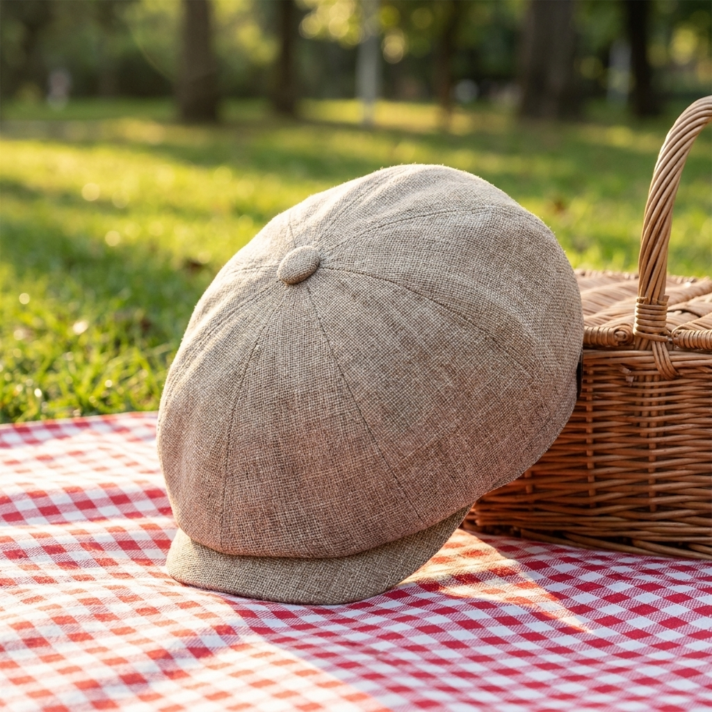 Khaki beret on picnic blanket