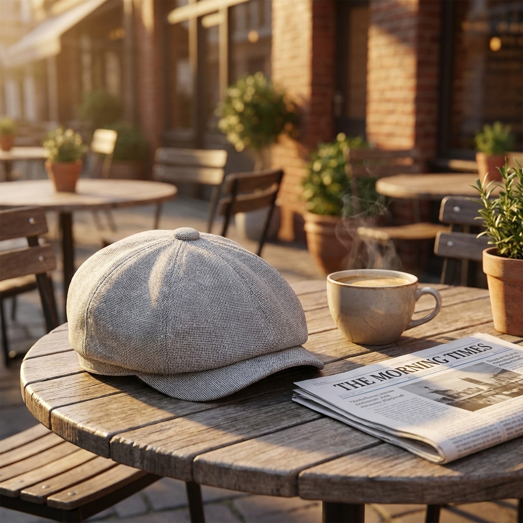 Light gray beret on cafe table