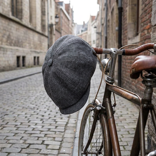 Dark gray beret on bicycle handlebar