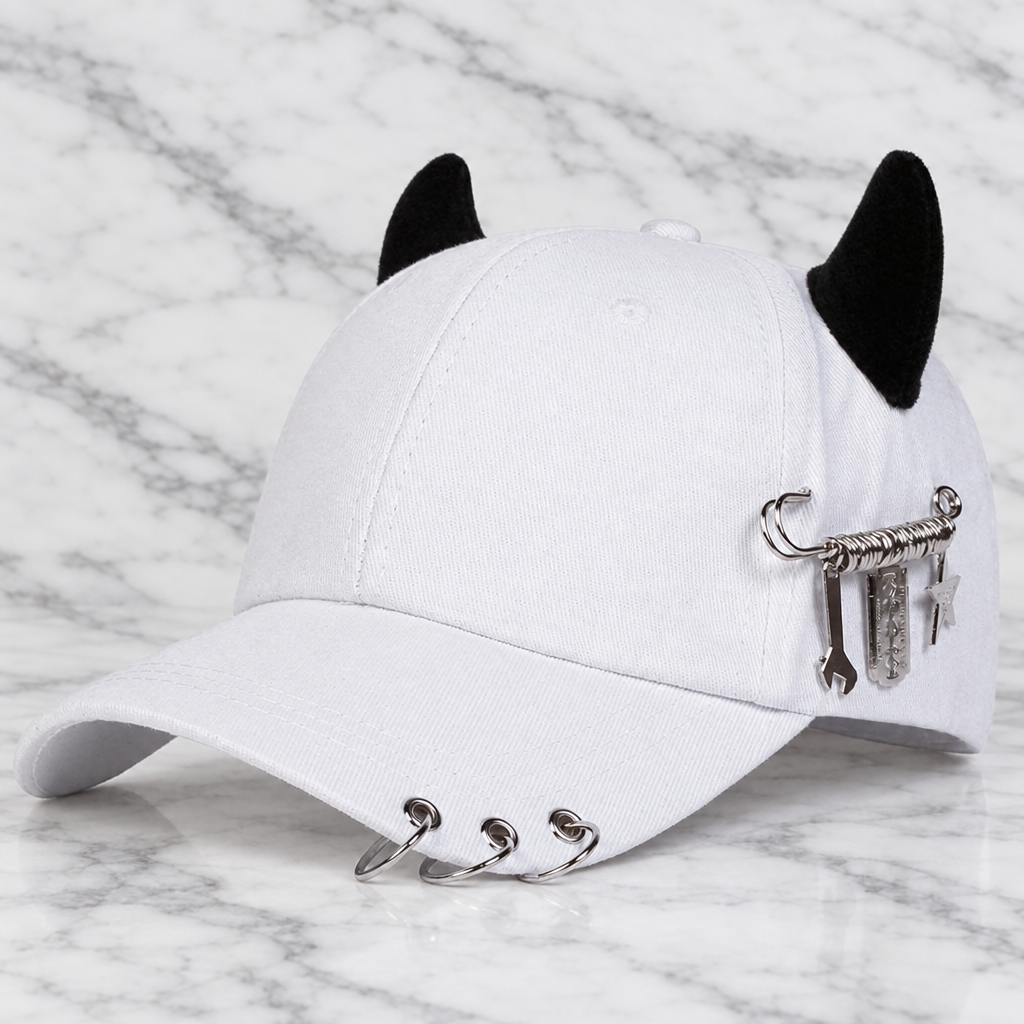 Adjustable Horn Ring Baseball Cap in White on white marble