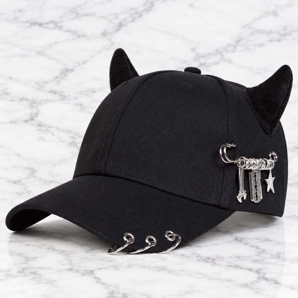 Adjustable Horn Ring Baseball Cap in Black on white marble