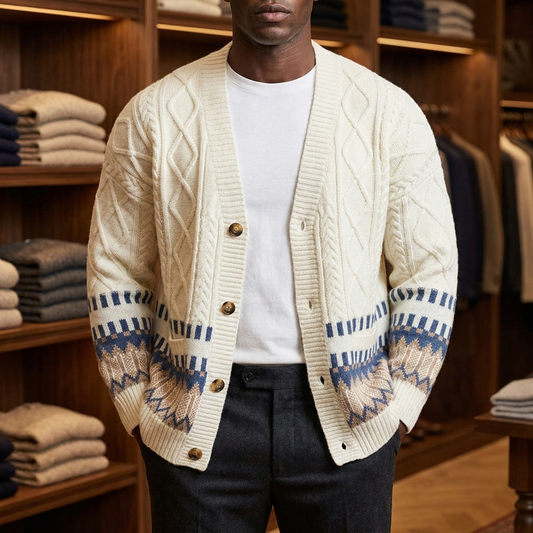 Men's Cable Knit V-Neck Cardigan in White, worn open over a tee in a menswear boutique