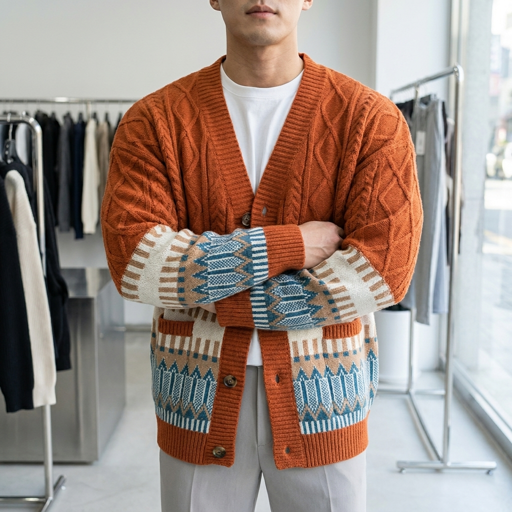 Men's Cable Knit V-Neck Cardigan in Red, buttoned partway in a modern clothing store