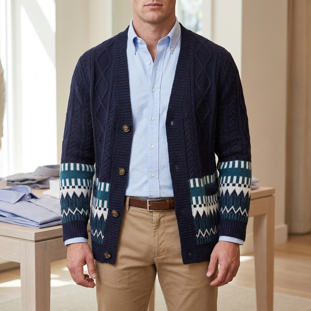 Men's Cable Knit V-Neck Cardigan in Navy Blue, worn open over a button-down shirt in a boutique