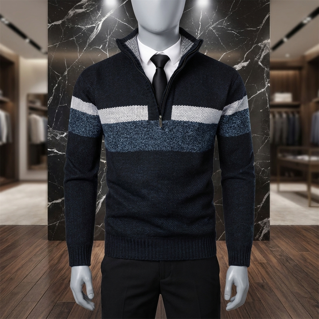 Men's half-zip mock neck wool-blend sweater in black, displayed on a mannequin against a black and silver marble wall in a boutique