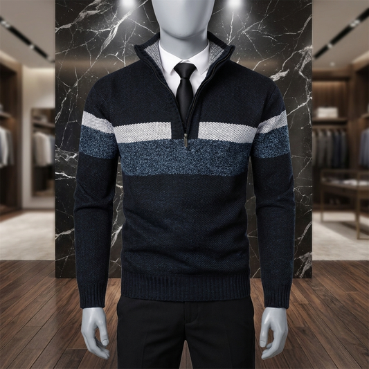 Men's half-zip mock neck wool-blend sweater in black, displayed on a mannequin against a black and silver marble wall in a boutique