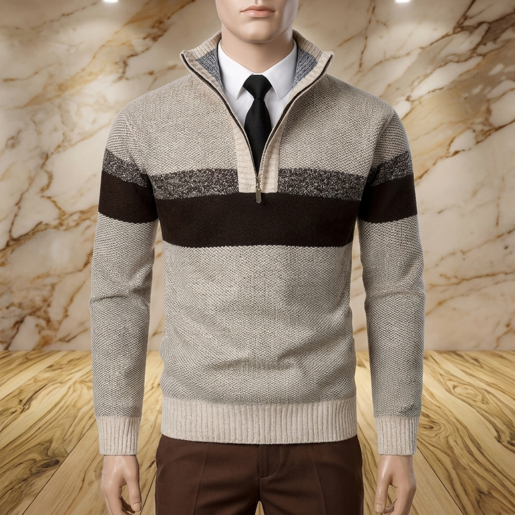 Men's half-zip mock neck wool-blend sweater in beige white, worn with a white shirt and black tie on a boutique mannequin against a cream marble wall and olive wood floor