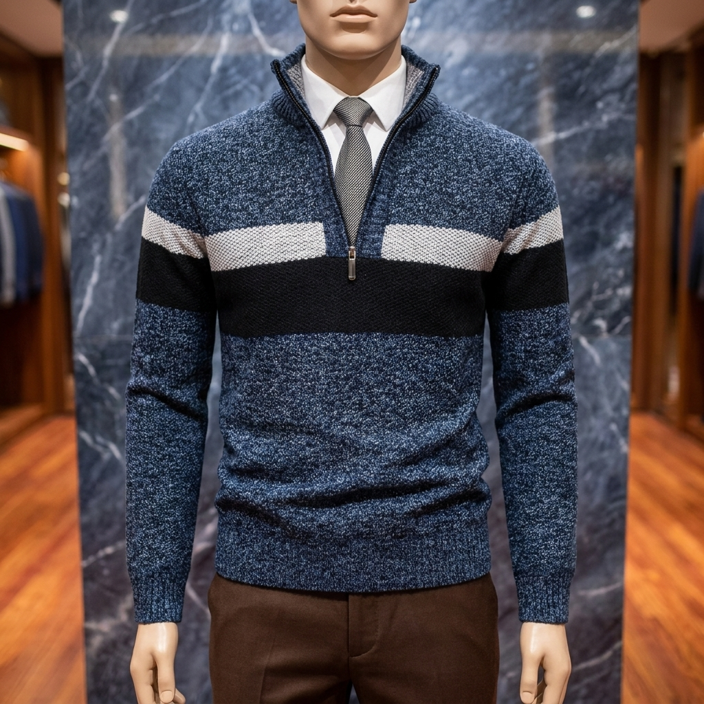 Men's half-zip mock neck wool-blend sweater in blue, worn with a white shirt and grey tie on a boutique mannequin against a blue-grey marble wall and cedar floor