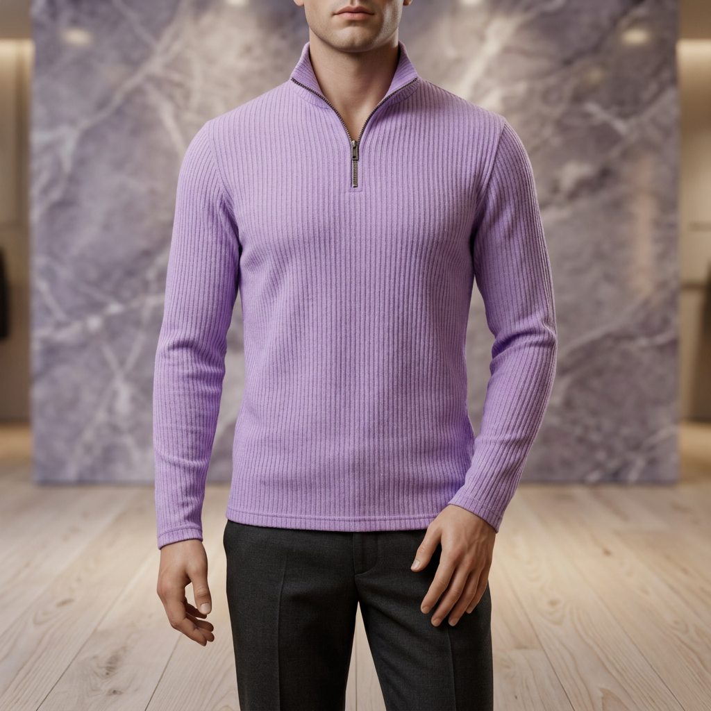 Men's ribbed quarter-zip pullover in violet, on a boutique display mannequin against a violet marble wall and pale oak floor