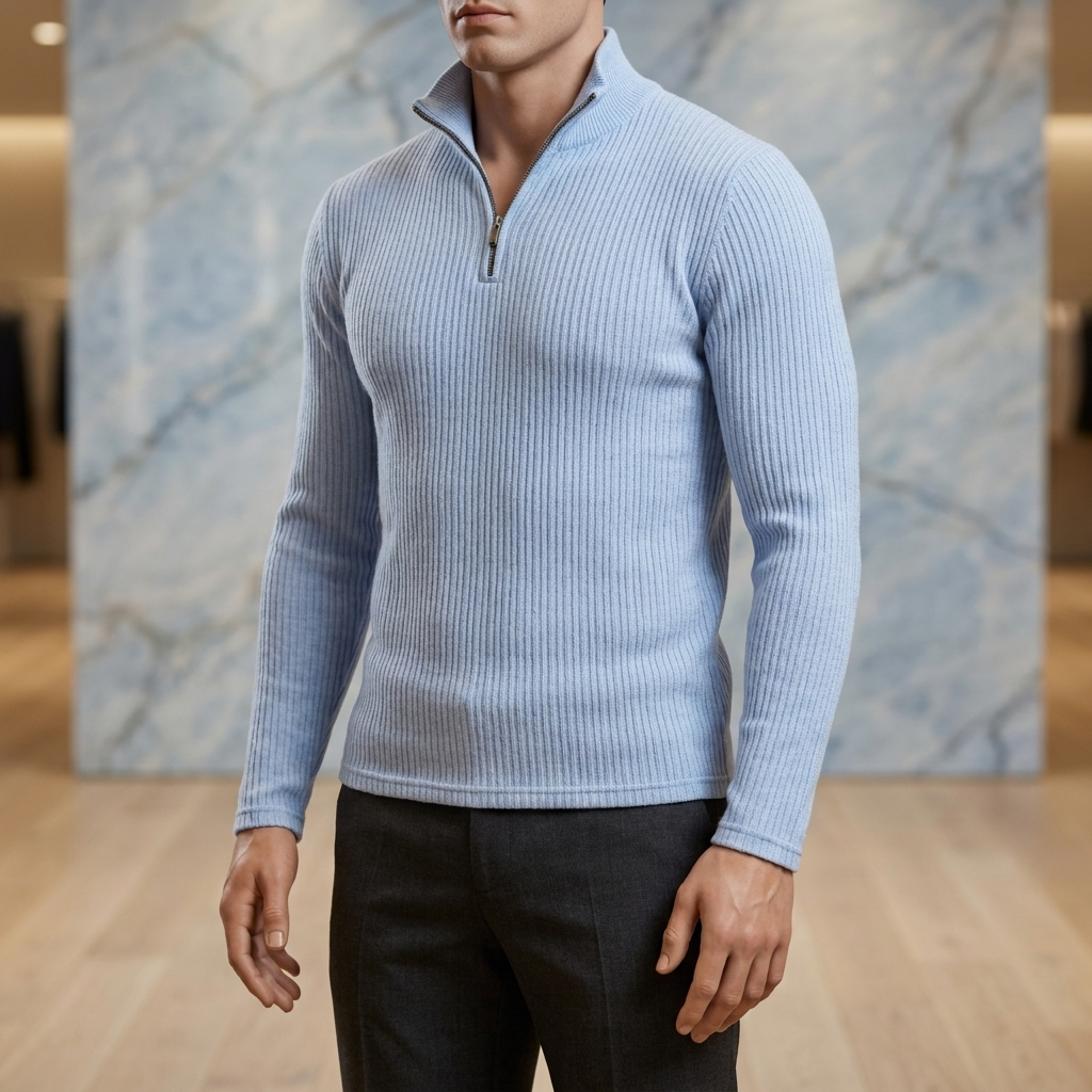 Men's ribbed quarter-zip pullover in sky blue, on a boutique display mannequin against a pale blue marble wall and pale oak floor