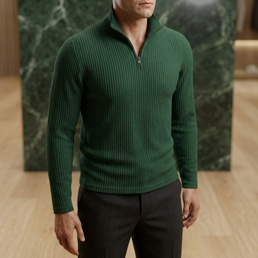 Men's ribbed quarter-zip pullover in dark green, on a boutique display mannequin against a green marble wall and pale oak floor