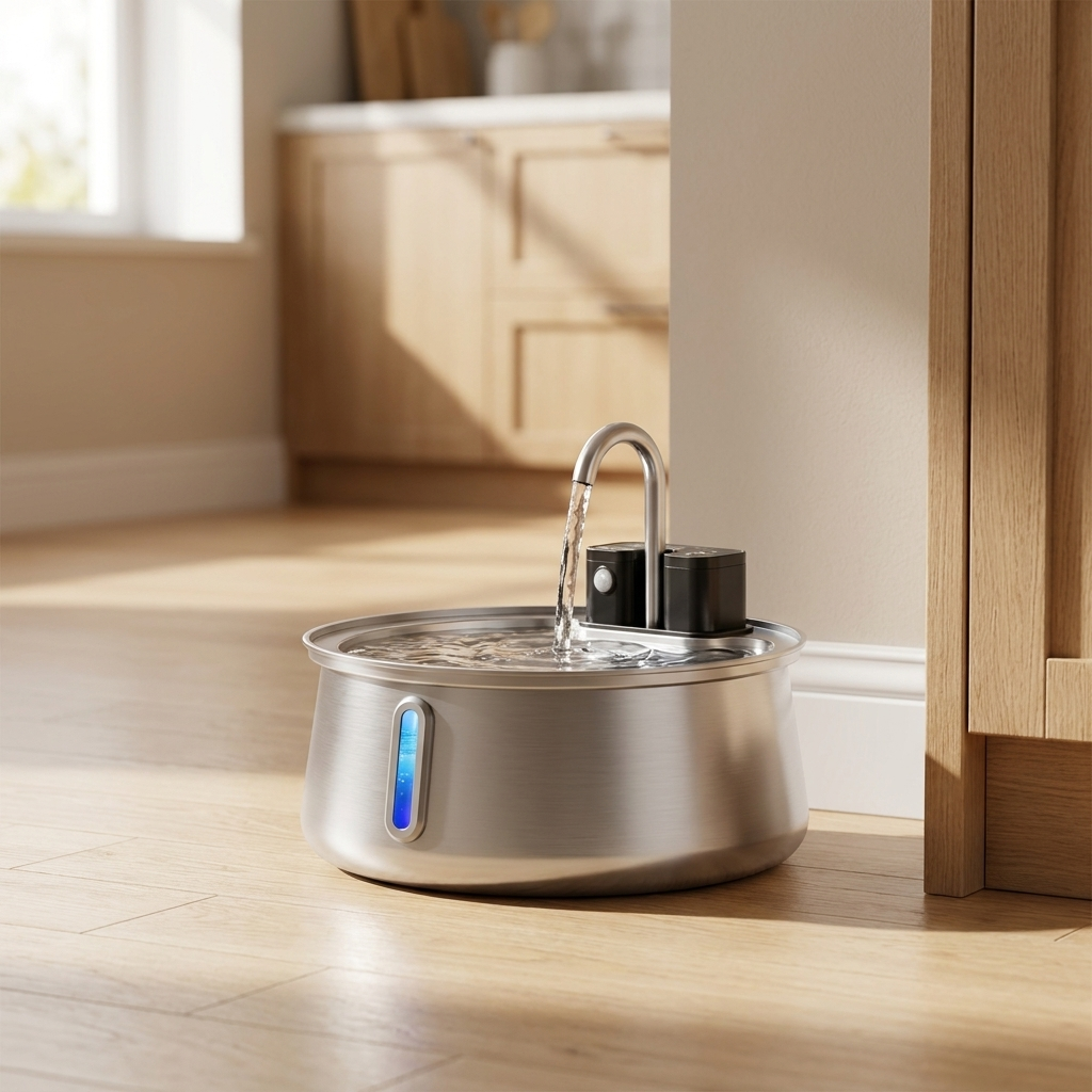 4L stainless steel pet water fountain running on a light wood kitchen floor, with the faucet spout flowing and the blue water-level window lit