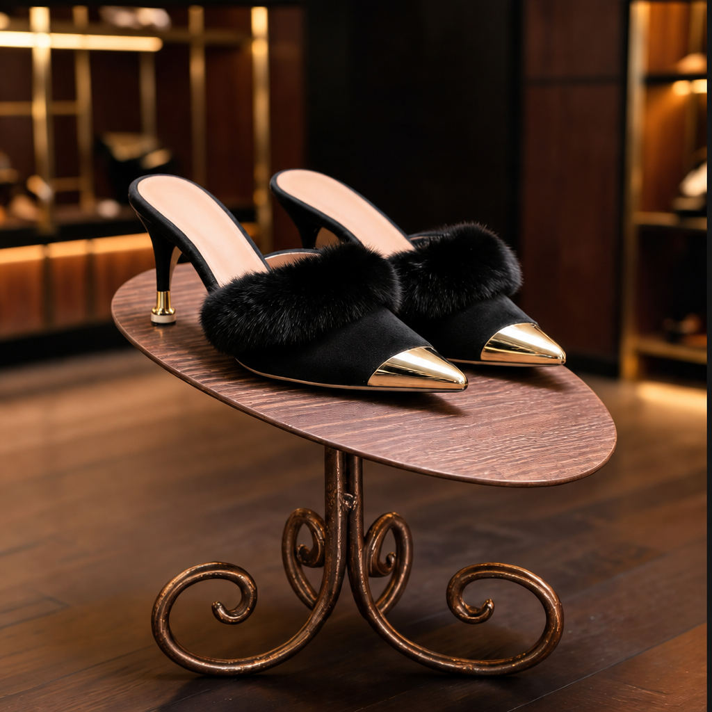 Black fur-lined pointed-toe heeled mules on bronze scrollwork stand