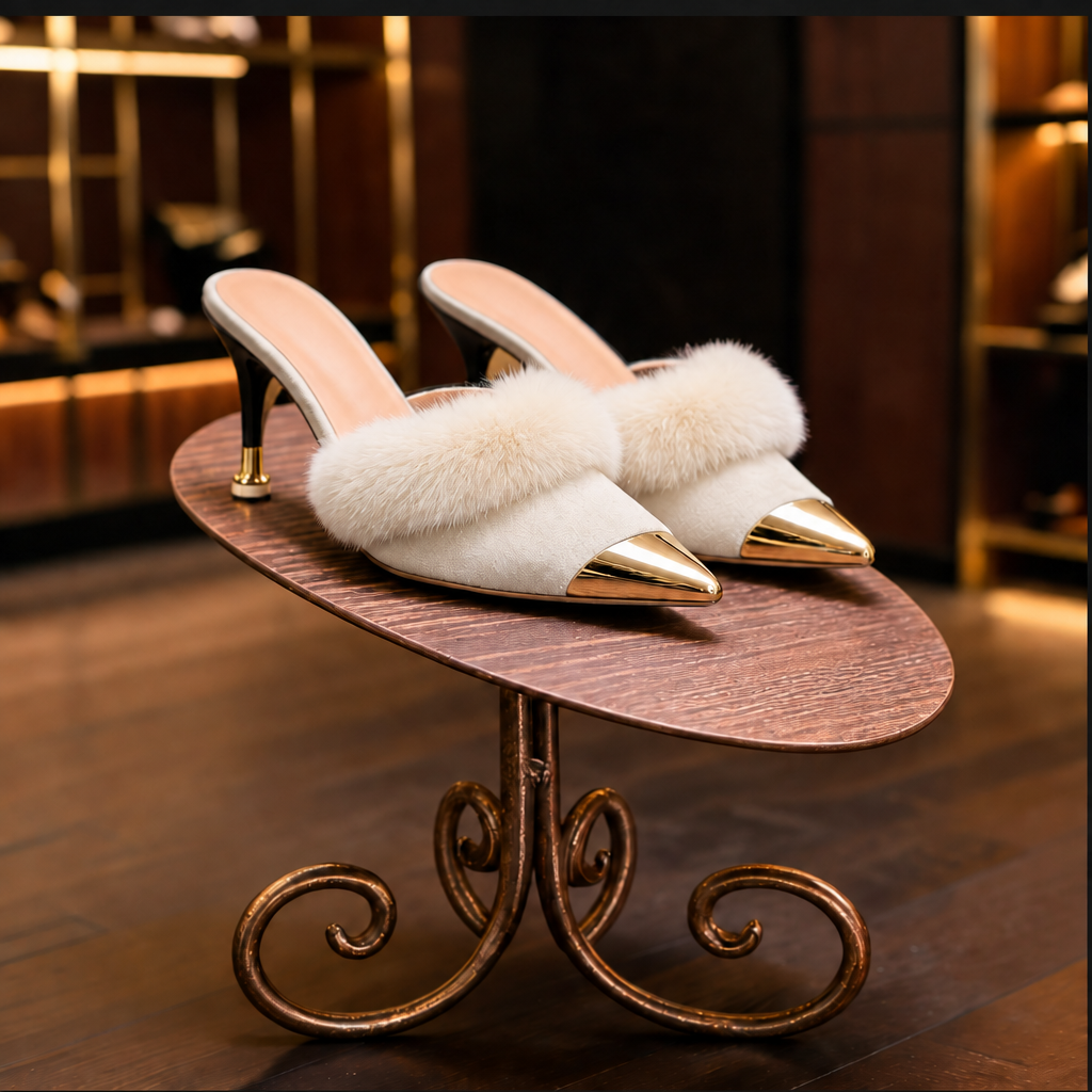 Off-White fur-lined pointed-toe heeled mules on bronze scrollwork stand