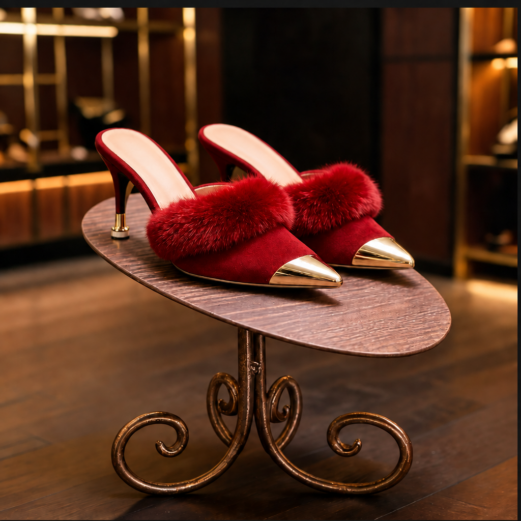 Red fur-lined pointed-toe heeled mules on bronze scrollwork stand