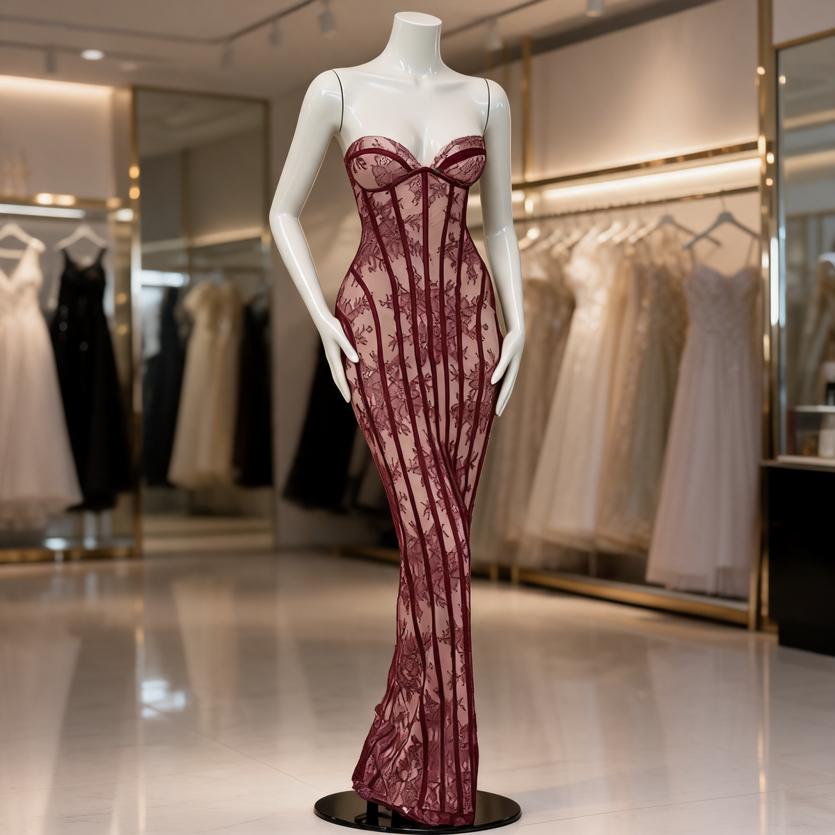 Wine Red Lace Off-Shoulder Bodycon Dress on mannequin in formal dress store