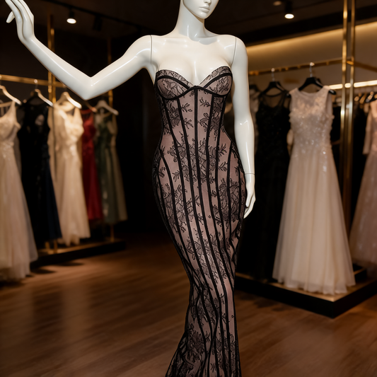 Black Lace Off-Shoulder Bodycon Dress on mannequin in formal dress store