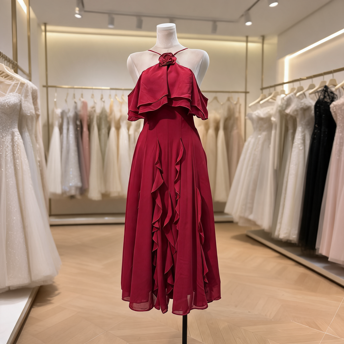 Wine Red Floral Ruffle Halter Neck Maxi Dress on mannequin in formal dress store