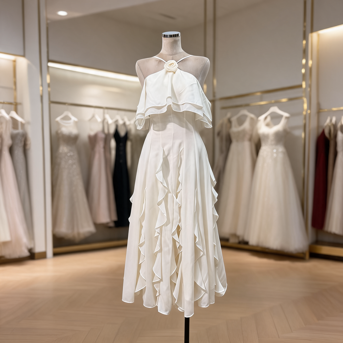 Off-white Floral Ruffle Halter Neck Maxi Dress on mannequin in formal dress store