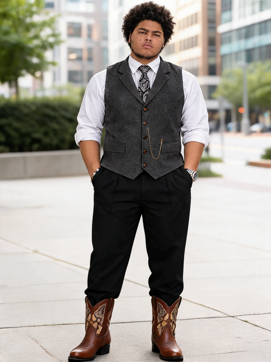 Dark Gray Men's Slim Fit Vintage Vest, outdoor model photo