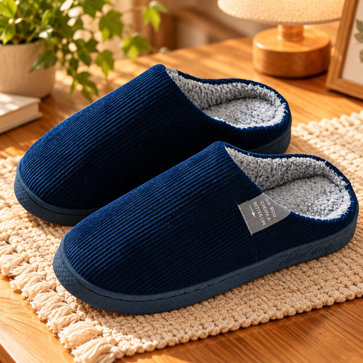 Navy blue corduroy warm cotton home slippers with fleece lining