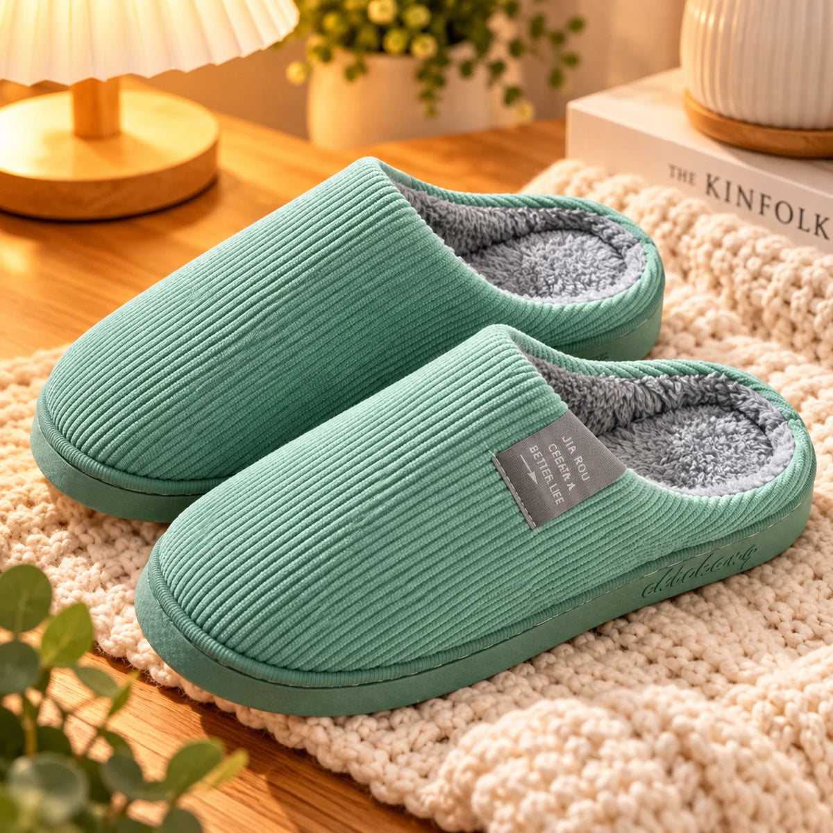 Green corduroy warm cotton home slippers with fleece lining