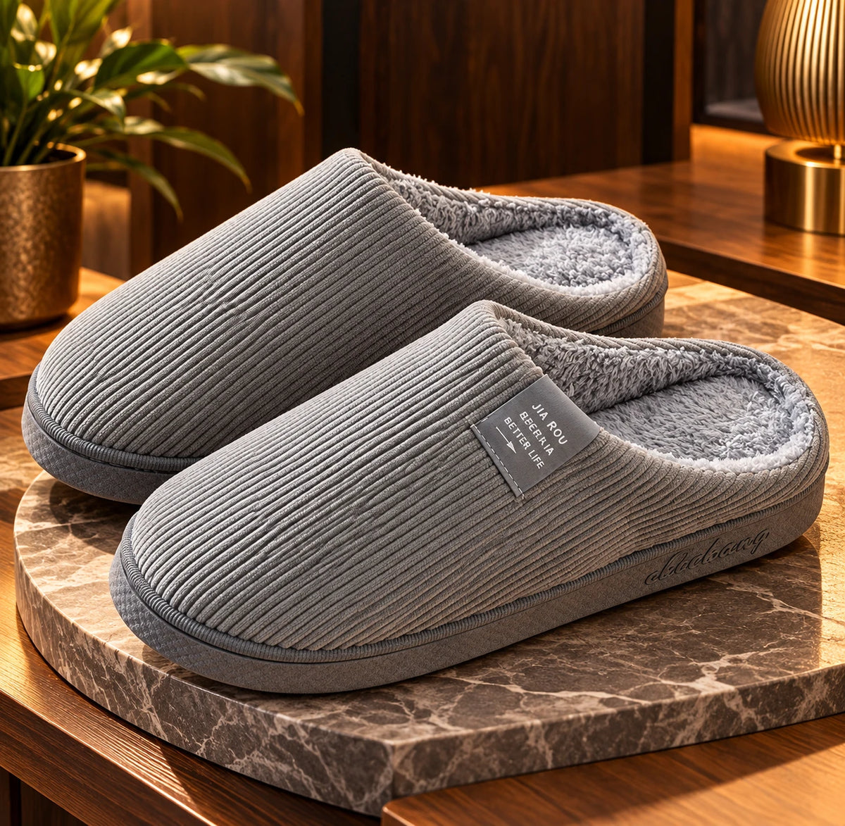 Grey corduroy warm cotton home slippers with fleece lining