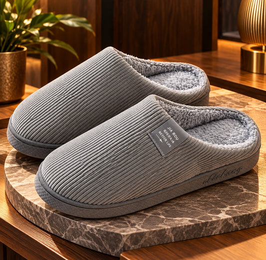 Grey corduroy warm cotton home slippers with fleece lining