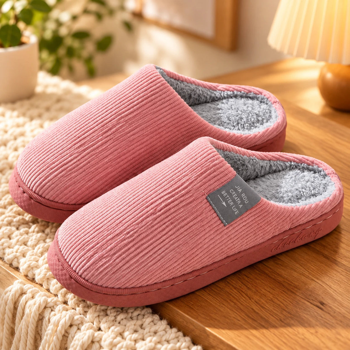 Pink corduroy warm cotton home slippers with fleece lining