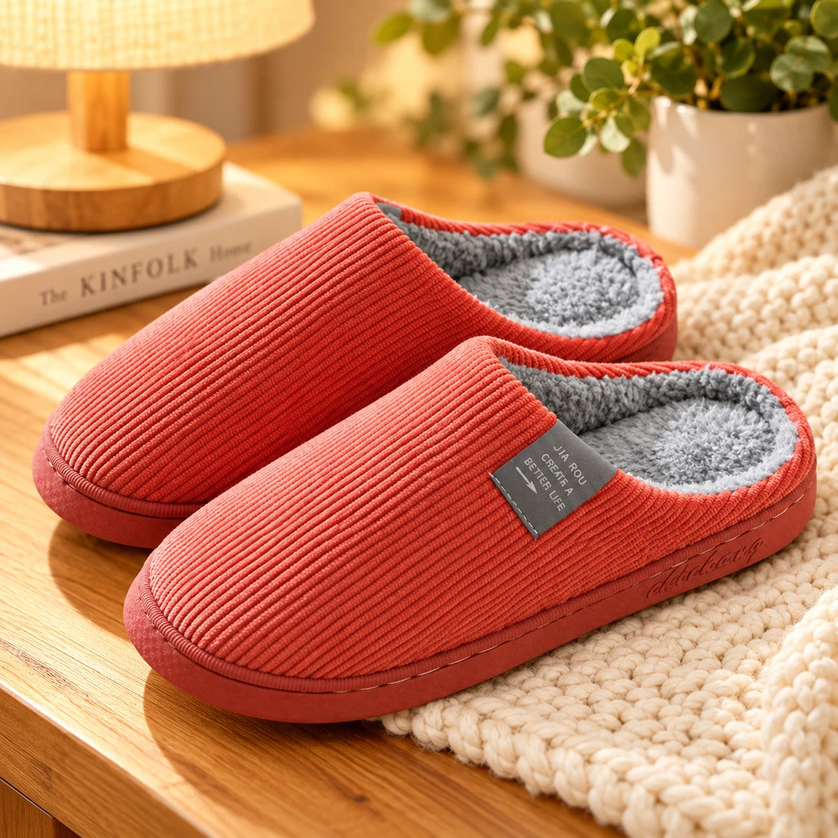 Red-orange corduroy warm cotton home slippers with fleece lining
