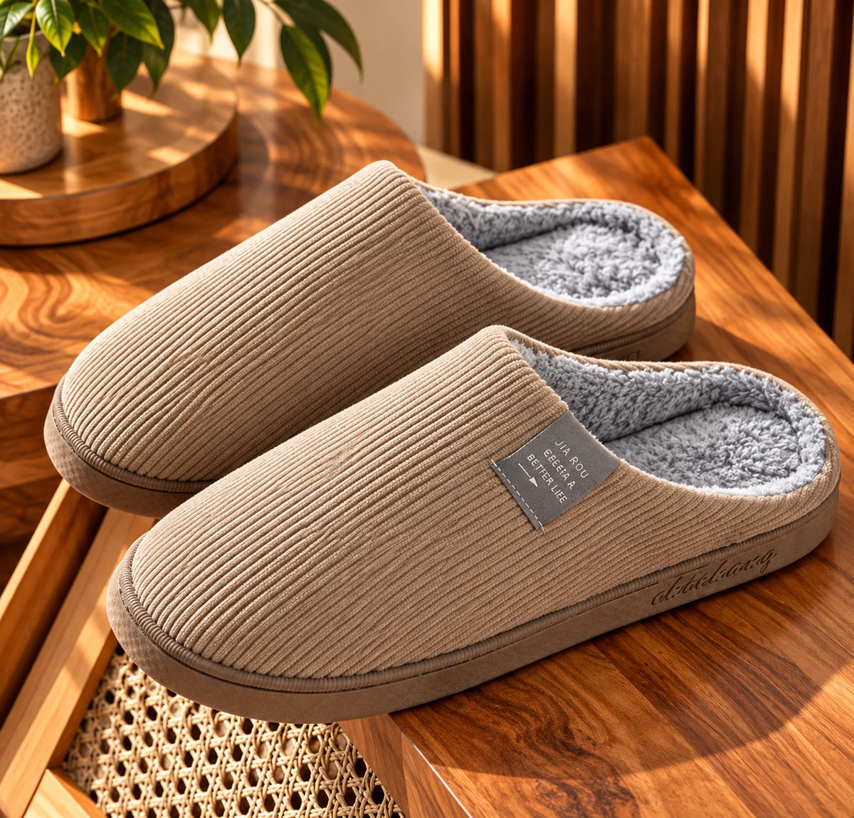 Tan corduroy warm cotton home slippers with fleece lining