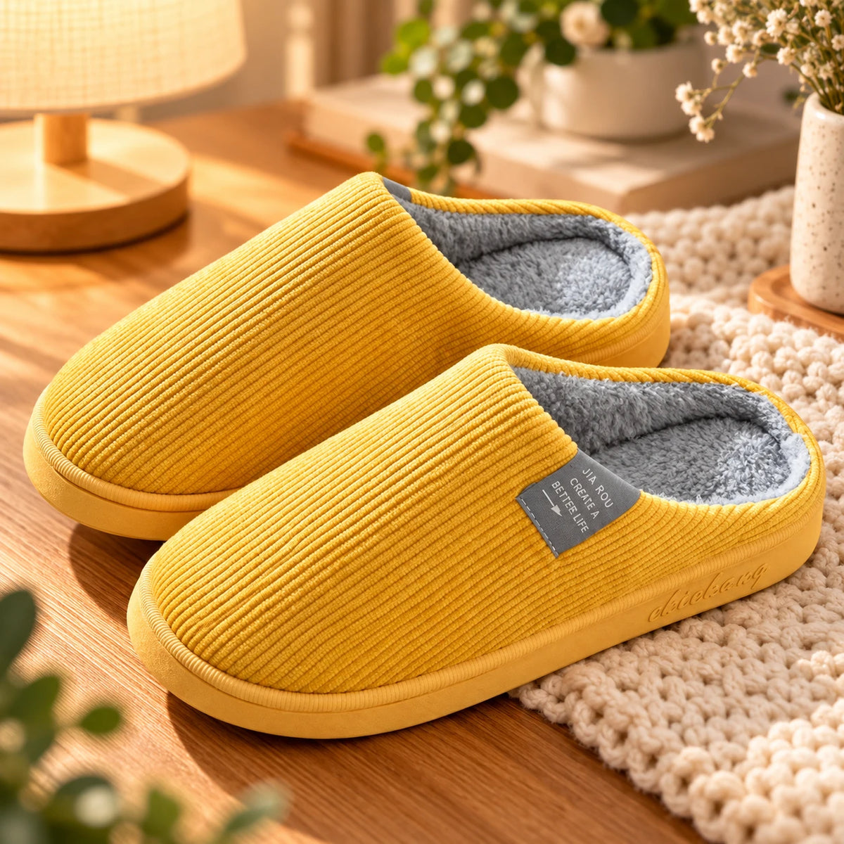 Yellow corduroy warm cotton home slippers with fleece lining