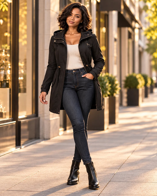 Black hooded mid-length trench coat