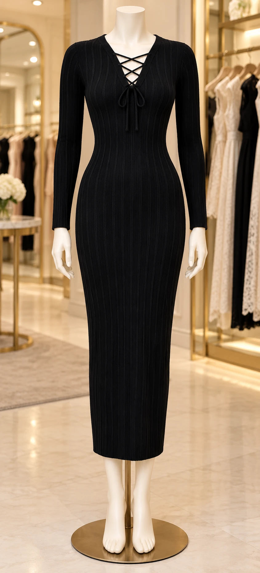 Knit Twist Waist Long Dress in black on a mannequin