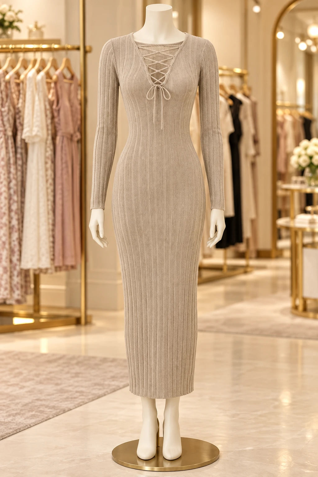 Knit Twist Waist Long Dress in oatmeal on a mannequin