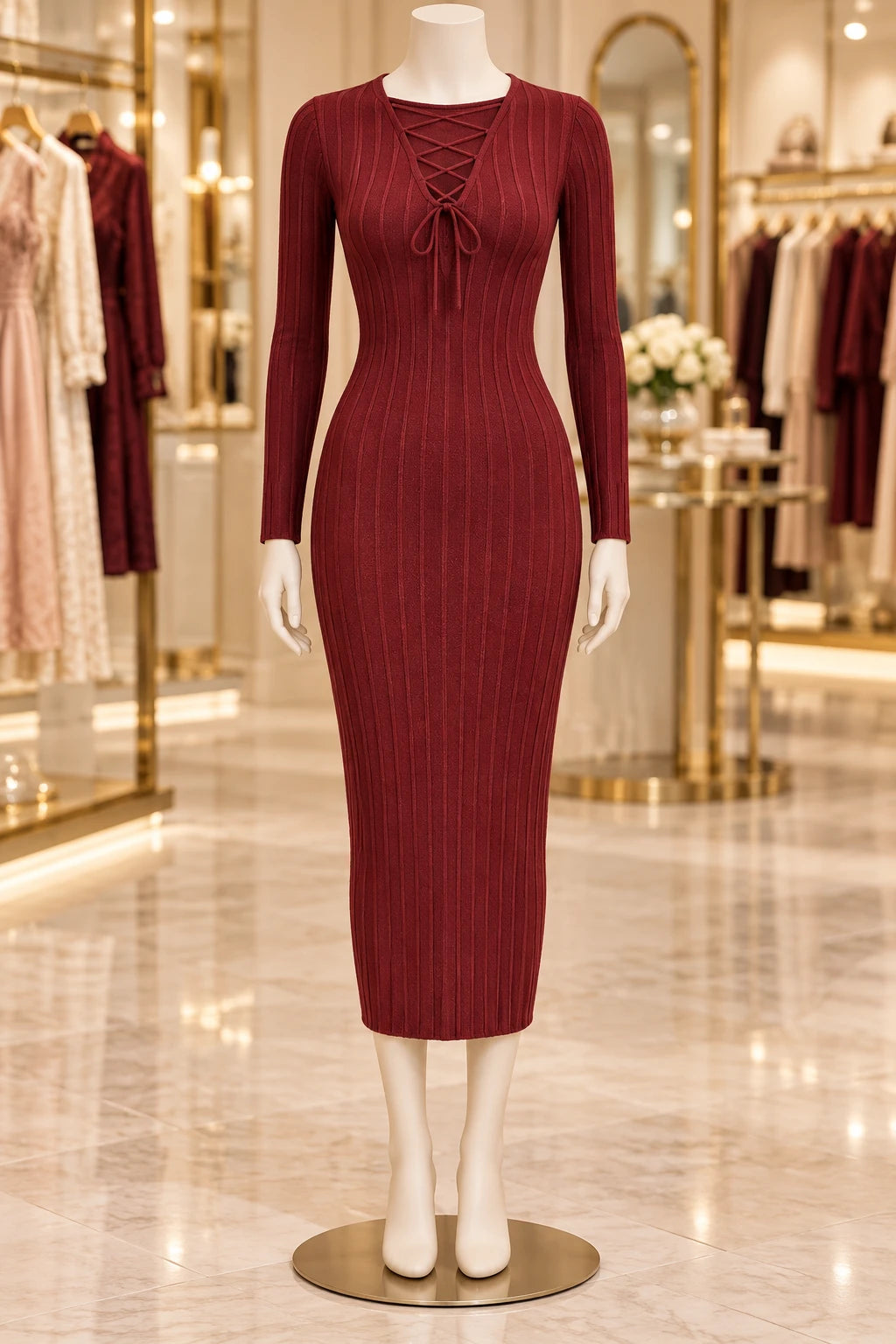 Knit Twist Waist Long Dress in wine red on a mannequin