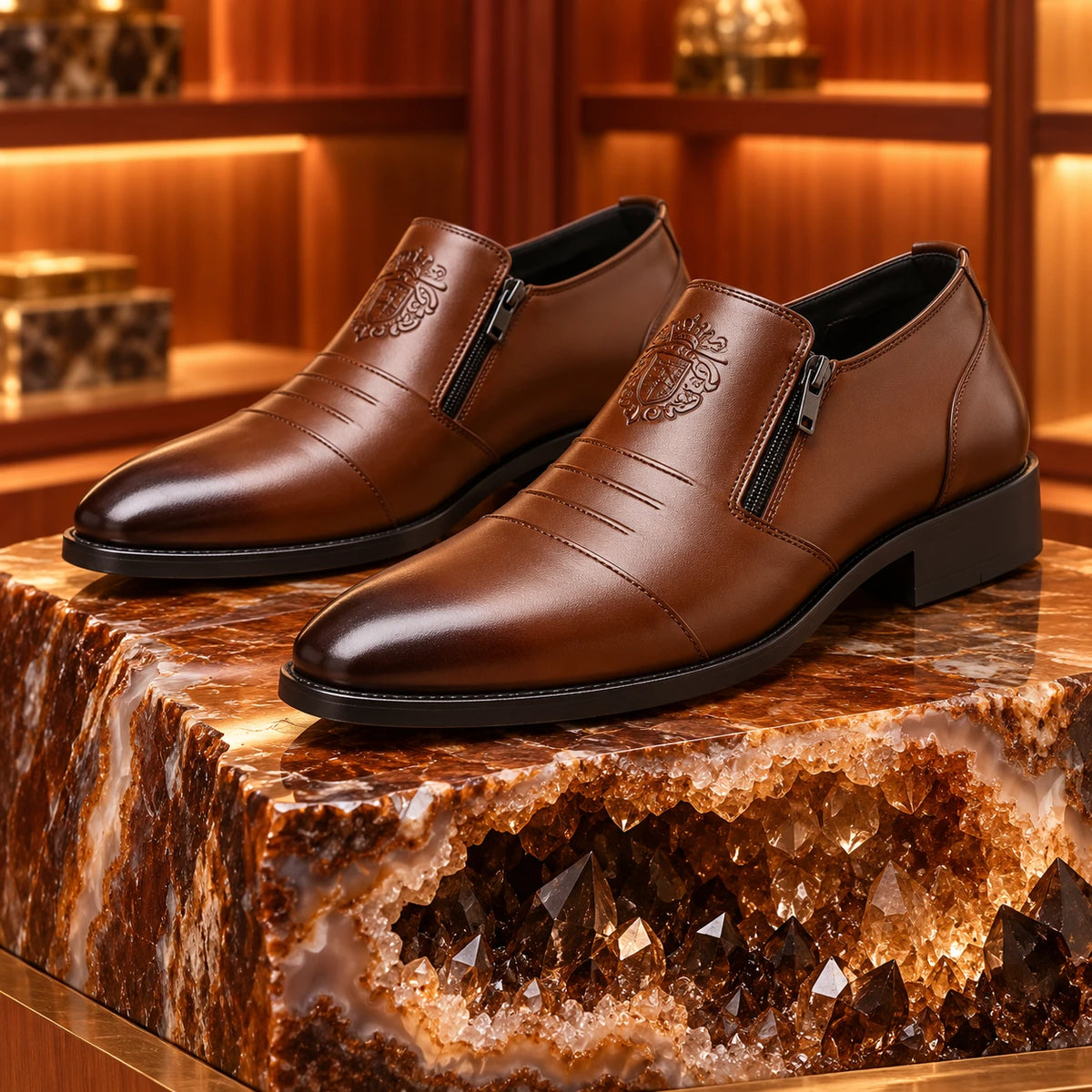 Men's Business Casual Leather Shoes with Lion Head Zipper