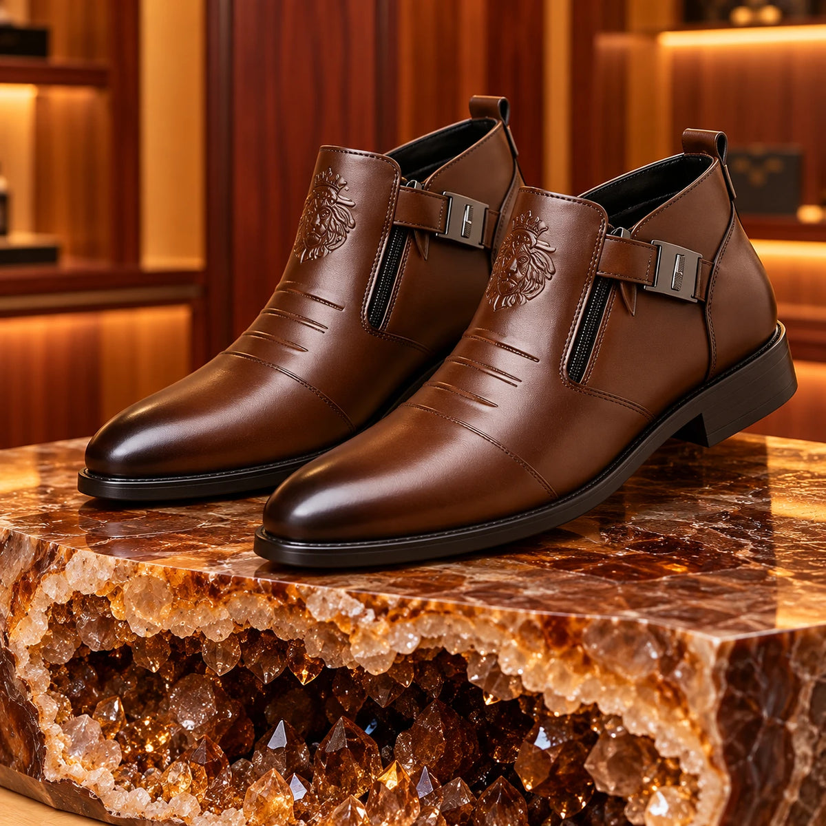 Men's Business Casual Leather Shoes with Lion Head Zipper