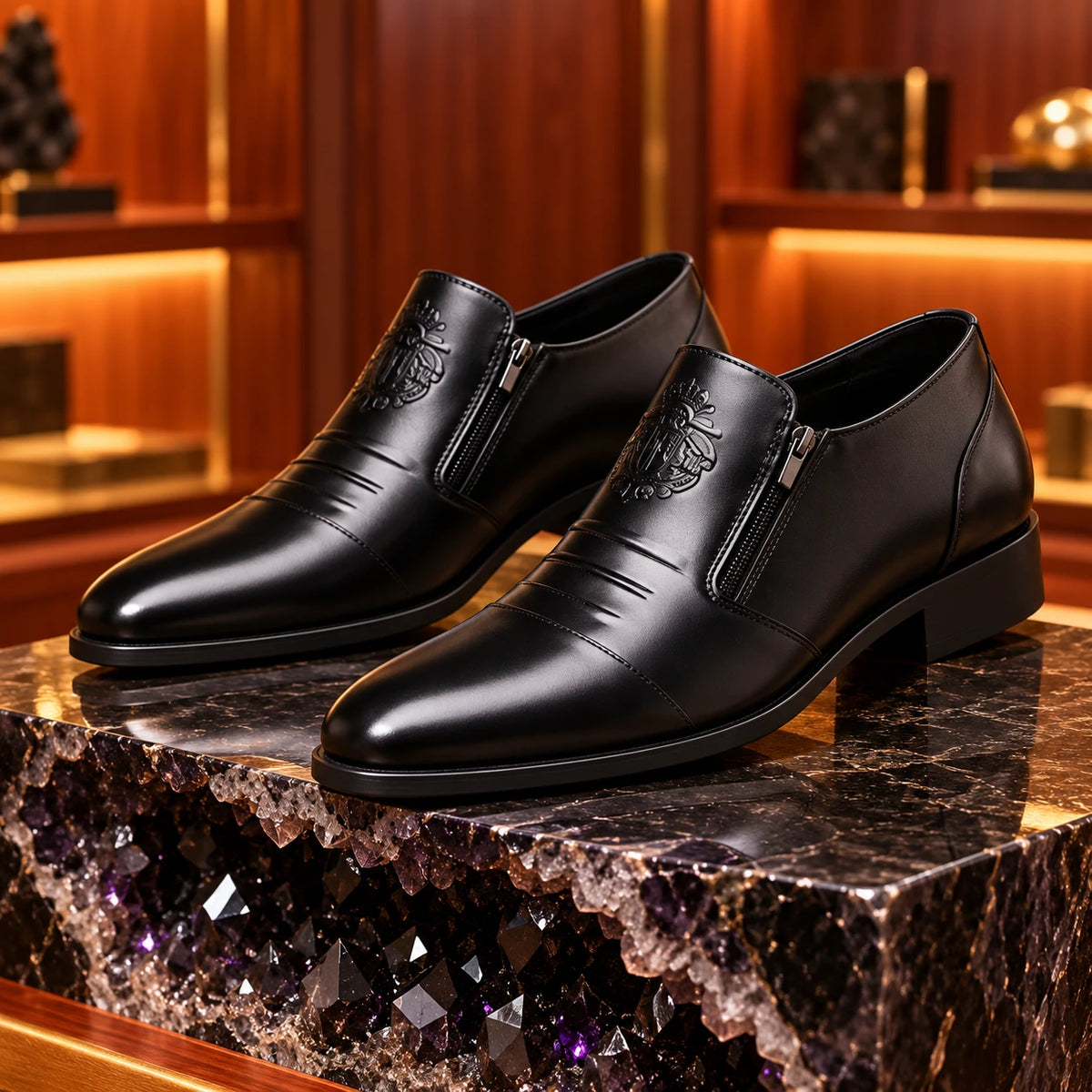 Men's Business Casual Leather Shoes with Lion Head Zipper