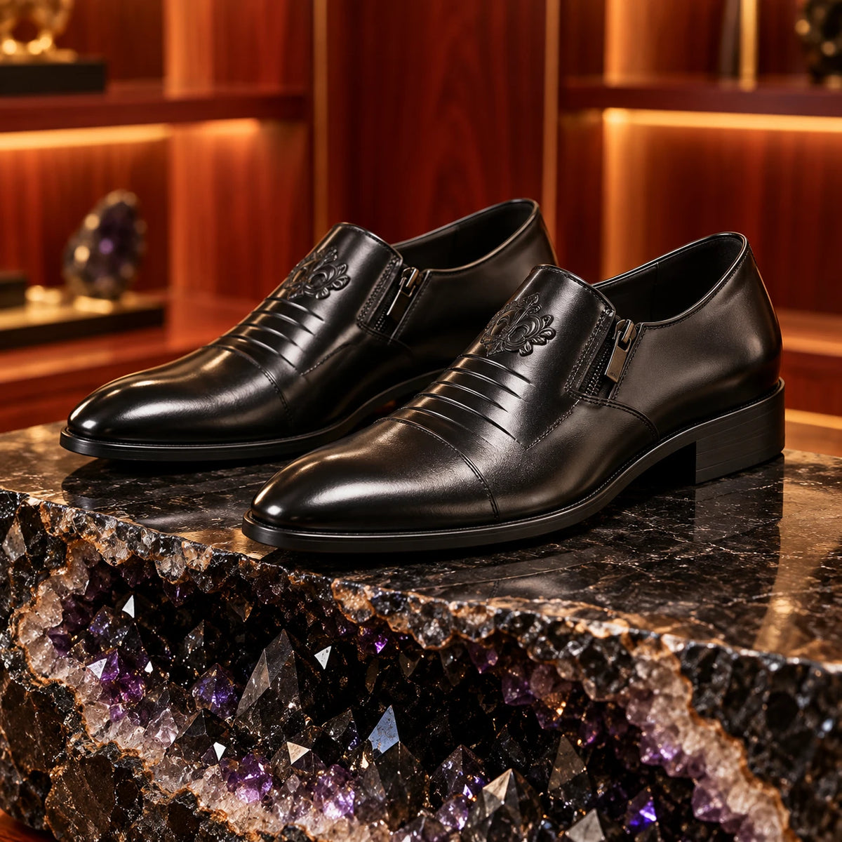 Men's Business Casual Leather Shoes with Lion Head Zipper