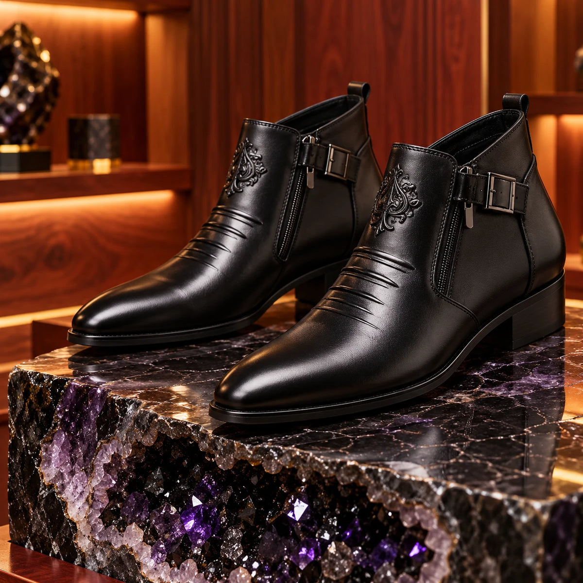Men's Business Casual Leather Shoes with Lion Head Zipper