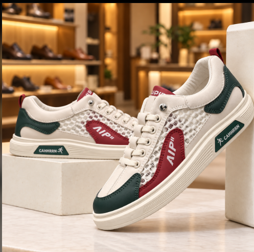 Men's Breathable Casual Sneakers in cream with maroon and green