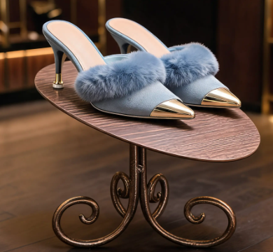 Blue fur-lined pointed-toe heeled mules on bronze scrollwork stand