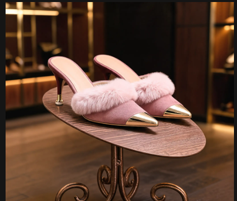Pink fur-lined pointed-toe heeled mules on bronze scrollwork stand