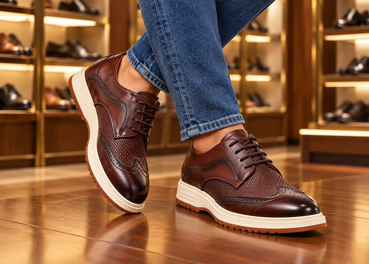 Men's Business Leather Oxford Shoes in brown, worn with jeans