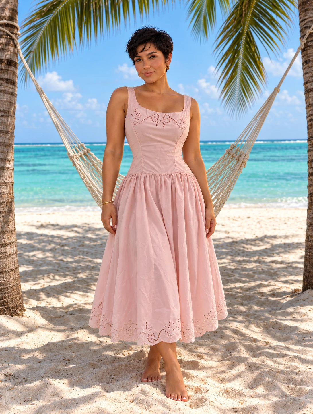Embroidered Midi Dress in Pink