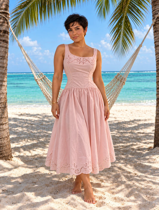 Embroidered Midi Dress in Pink
