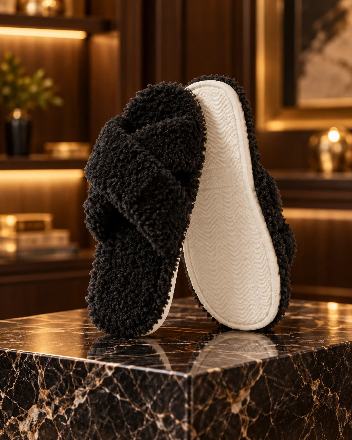 Black plush crisscross open-toe slippers