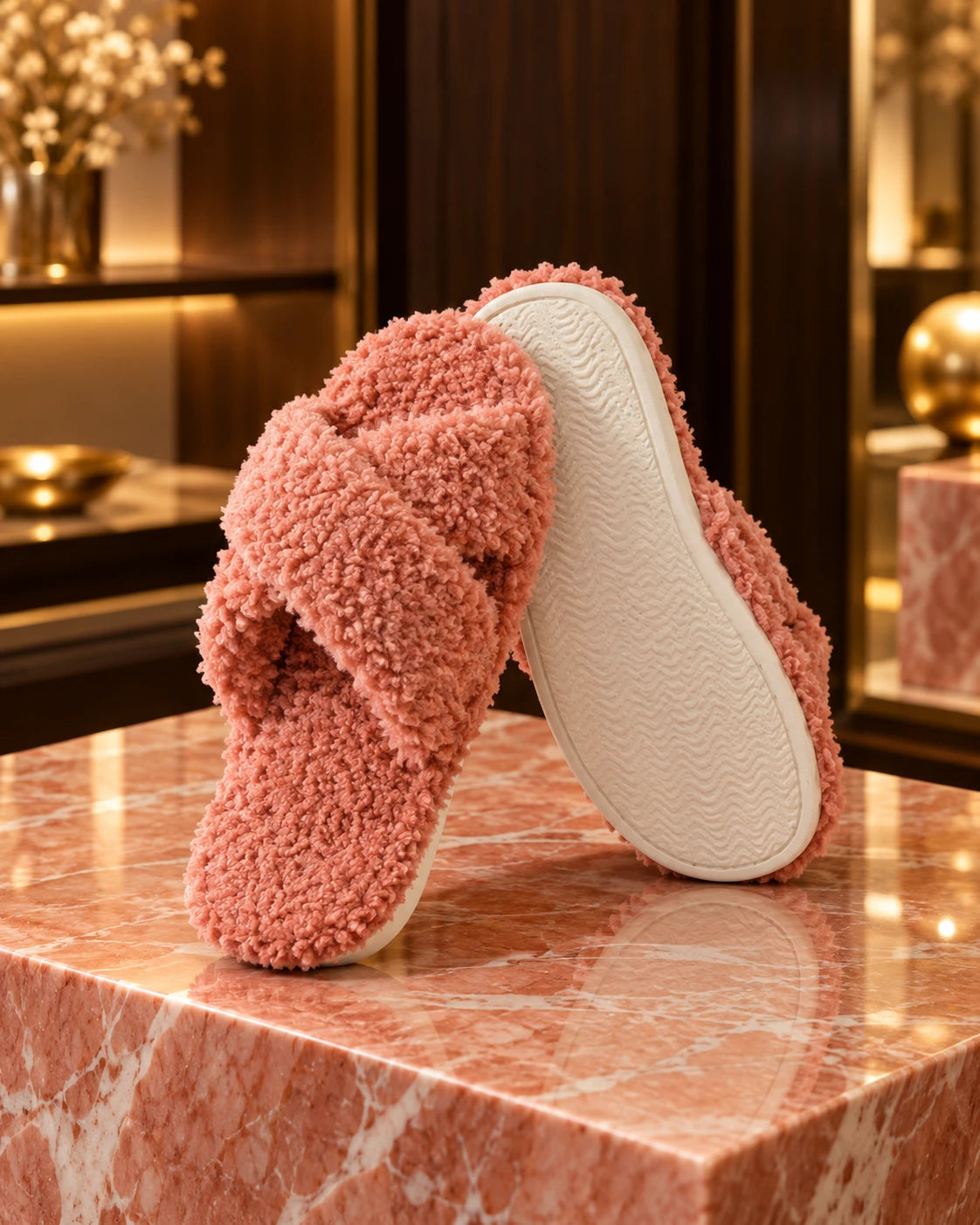 Coral orange plush crisscross open-toe slippers