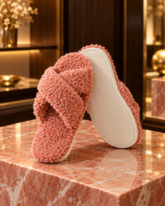 Coral orange plush crisscross open-toe slippers